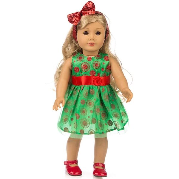 Grünes Kleid für 46-cm-Puppe mit Spitzenrock und Stirnband mit Schleife