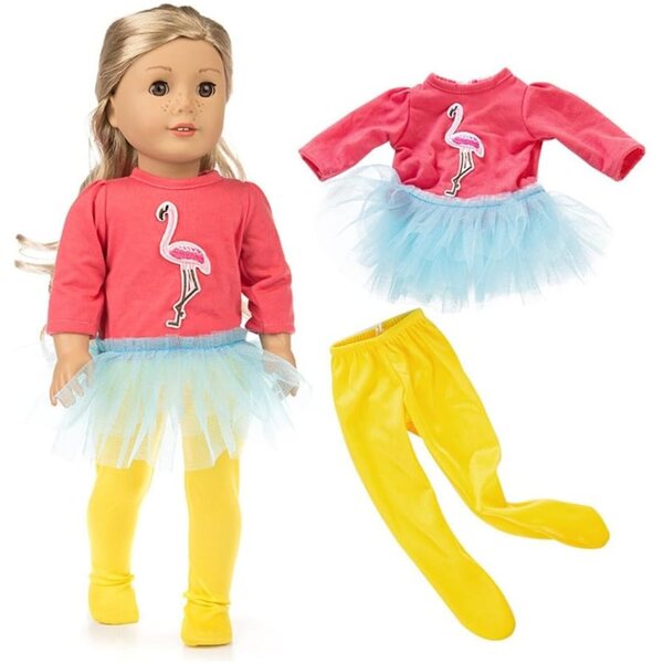 Flamingo-Kleid und Leggings für amerikanische Puppen 46 cm – Freizeitkleidung