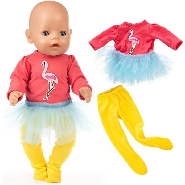 Flamingo-Kleid und Leggings für amerikanische Puppen 46 cm – Freizeitkleidung