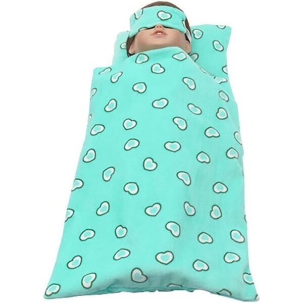 Bettwäscheset für 45 cm große Puppen mit Schlafsack, Kissen und grüner Maske
