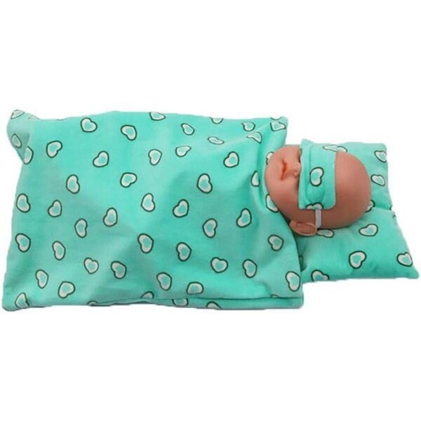 Bettwäscheset für 45 cm große Puppen mit Schlafsack, Kissen und grüner Maske