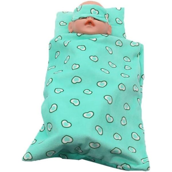 Bettwäscheset für 45 cm große Puppen mit Schlafsack, Kissen und grüner Maske