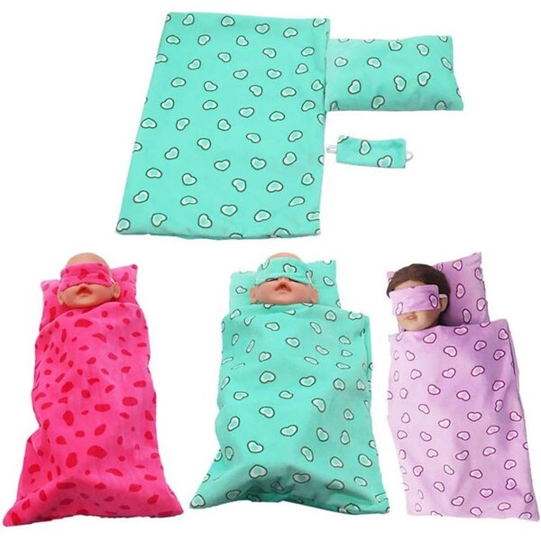 Bettwäscheset für 45 cm große Puppen mit Schlafsack, Kissen und grüner Maske