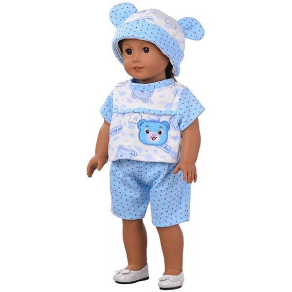 Kleidung für amerikanische Puppen 46 cm – Oberteil, Shorts und blaue Bärenmütze
