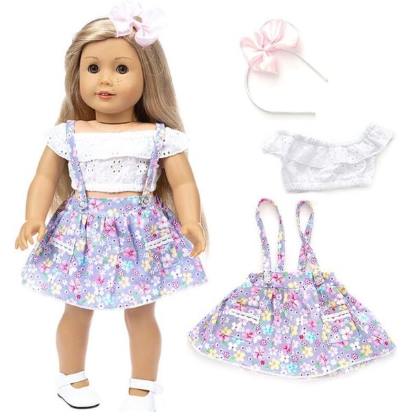 Amerikanische Puppenkleidung 46 cm – Weißes Oberteil und geblümter Rock mit Hosenträgern