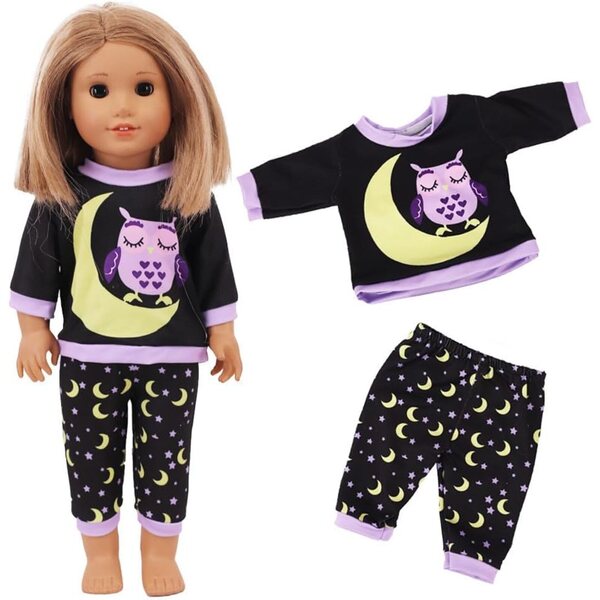 American Doll Pyjama-Set 46 cm – Oberteil und Hose mit Eulen- und Mond-Aufdruck