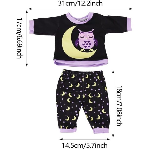 American Doll Pyjama-Set 46 cm – Oberteil und Hose mit Eulen- und Mond-Aufdruck
