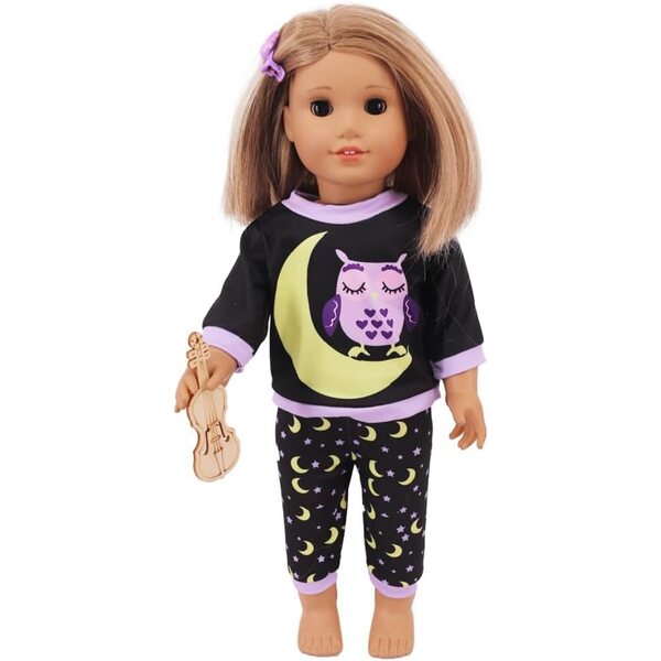American Doll Pyjama-Set 46 cm – Oberteil und Hose mit Eulen- und Mond-Aufdruck