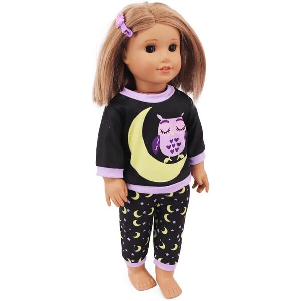 American Doll Pyjama-Set 46 cm – Oberteil und Hose mit Eulen- und Mond-Aufdruck