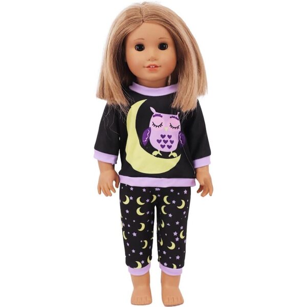 American Doll Pyjama-Set 46 cm – Oberteil und Hose mit Eulen- und Mond-Aufdruck