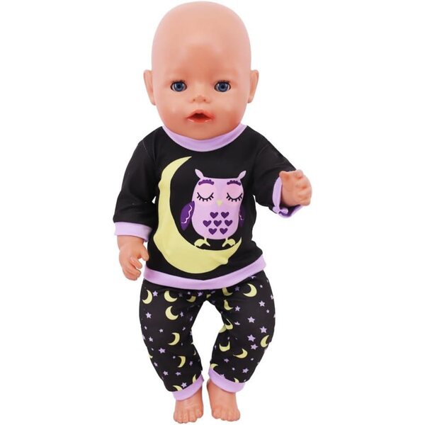 American Doll Pyjama-Set 46 cm – Oberteil und Hose mit Eulen- und Mond-Aufdruck