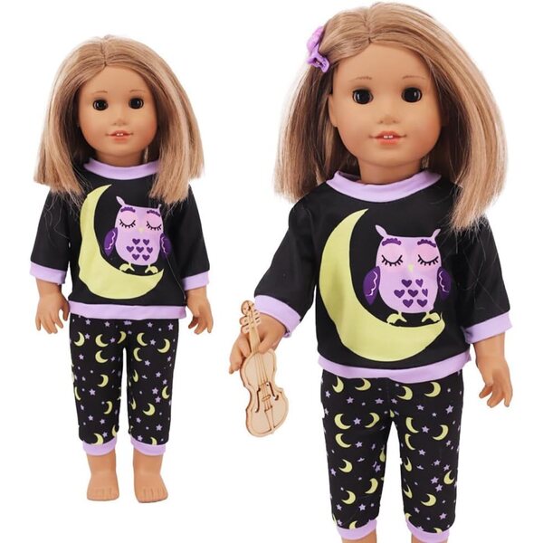 American Doll Pyjama-Set 46 cm – Oberteil und Hose mit Eulen- und Mond-Aufdruck