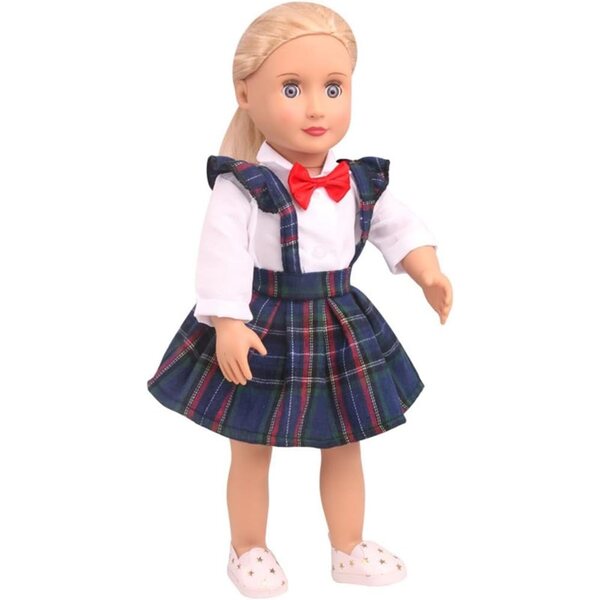 Bekleidungsset für American Doll 46 cm – Karierter Rock und Hemd mit Fliege
