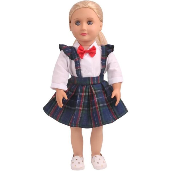 Bekleidungsset für American Doll 46 cm – Karierter Rock und Hemd mit Fliege