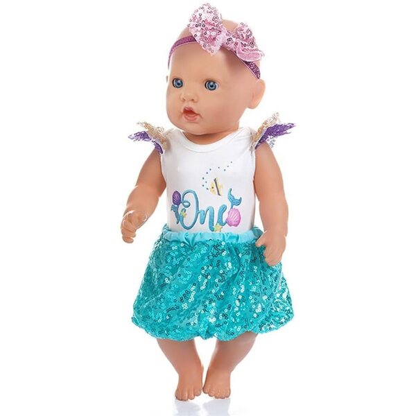 Kleidung für amerikanische Puppen 46 cm – Körper, Paillettenrock und Stirnband mit Schleife
