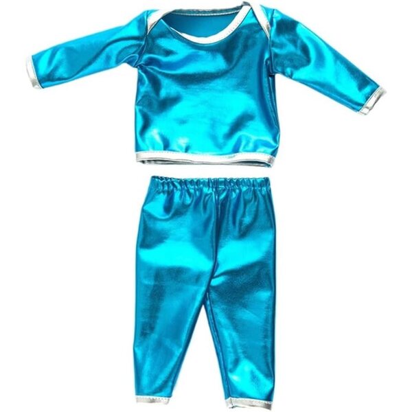 Kleidung für amerikanische Puppen 46 cm – blaues Oberteil mit langen Ärmeln und Freizeithosen