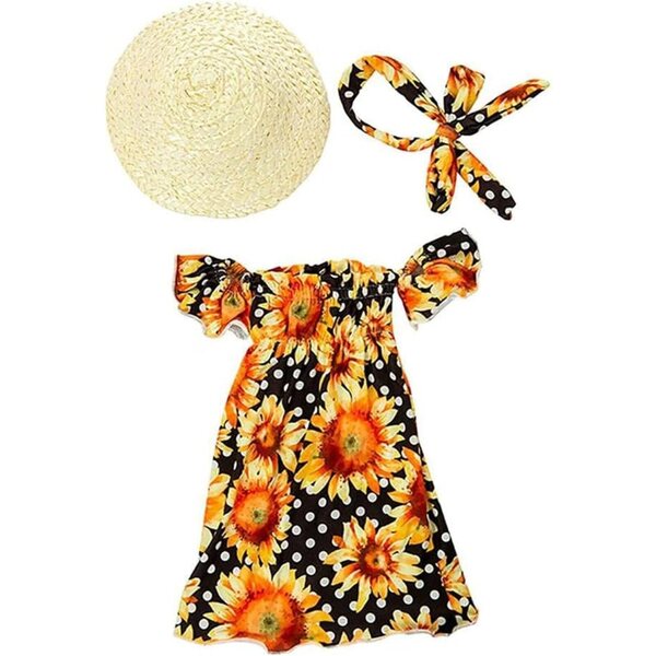 Langes Kleid mit Sonnenblumen-Print für 46 cm große American Girl-Puppen mit Hut und Stirnband