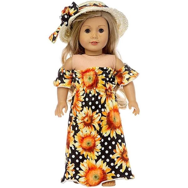 Langes Kleid mit Sonnenblumen-Print für 46 cm große American Girl-Puppen mit Hut und Stirnband