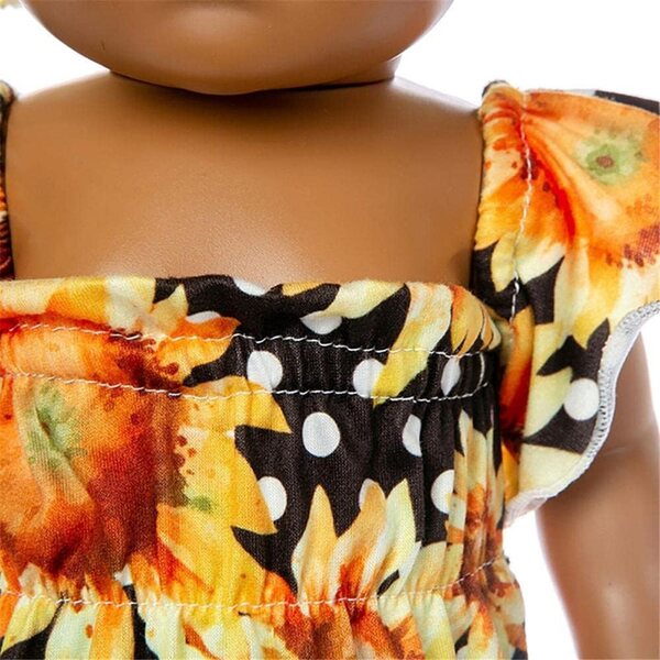 Langes Kleid mit Sonnenblumen-Print für 46 cm große American Girl-Puppen mit Hut und Stirnband