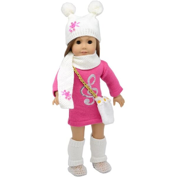 Amerikanische Puppenkleidung 46 cm – Kleid, Hemd, Mütze, Schal, Leggings und Tasche
