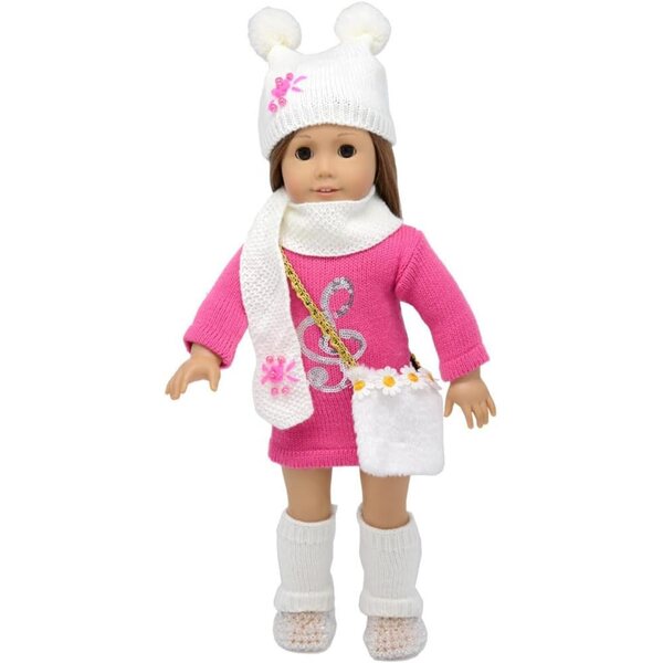 Amerikanische Puppenkleidung 46 cm – Kleid, Hemd, Mütze, Schal, Leggings und Tasche