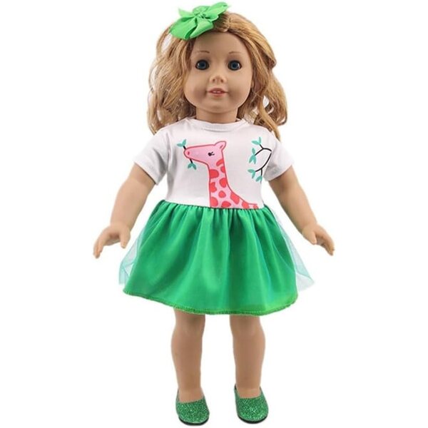 Kleid für amerikanische Puppe 46 cm mit Giraffenrock und grünem Stirnband
