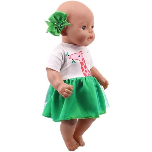 Kleid für amerikanische Puppe 46 cm mit Giraffenrock und grünem Stirnband