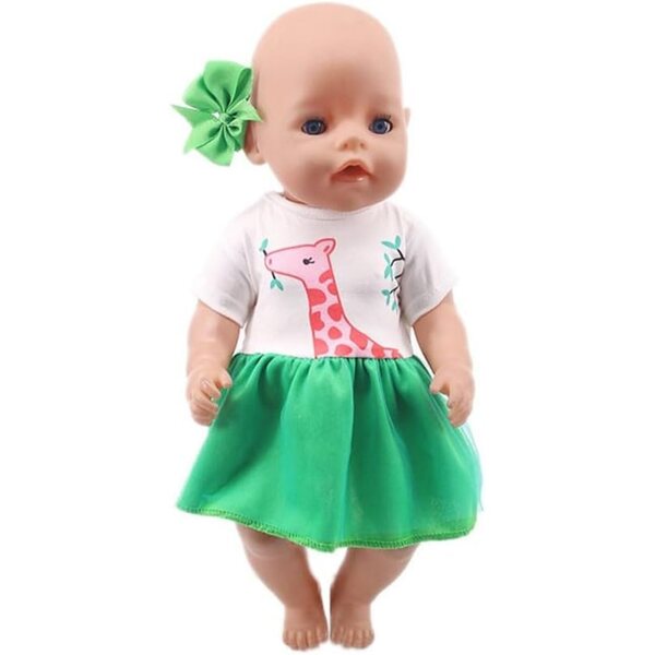 Kleid für amerikanische Puppe 46 cm mit Giraffenrock und grünem Stirnband