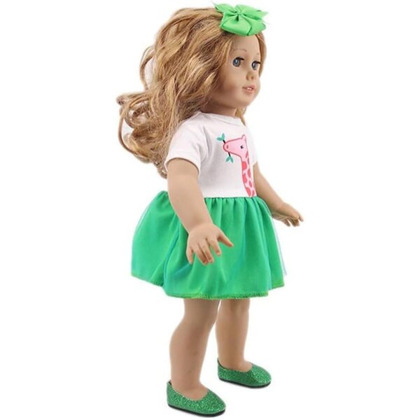 Kleid für amerikanische Puppe 46 cm mit Giraffenrock und grünem Stirnband