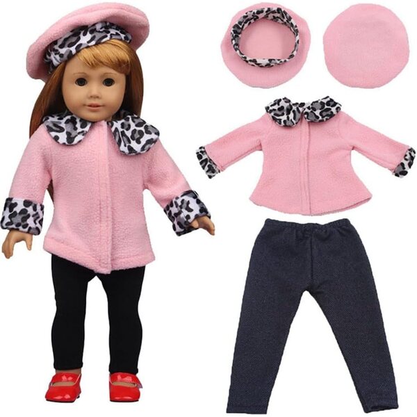 Kleidung für amerikanische Puppen 46 cm – rosa Mantel, Hose und Hut ohne Visier