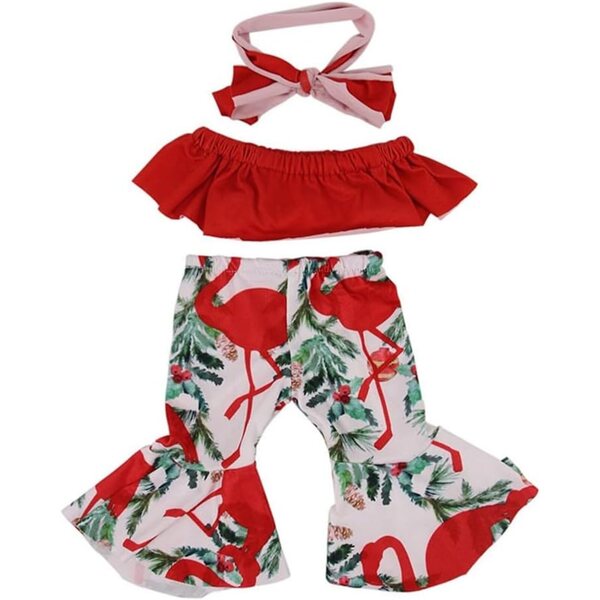 Kleidung für amerikanische Puppen 46 cm – schulterfreies Oberteil und ausgestellte Hose + Stirnband