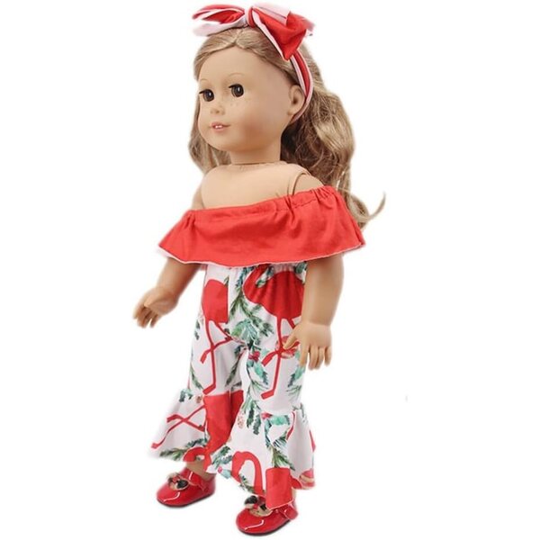 Kleidung für amerikanische Puppen 46 cm – schulterfreies Oberteil und ausgestellte Hose + Stirnband