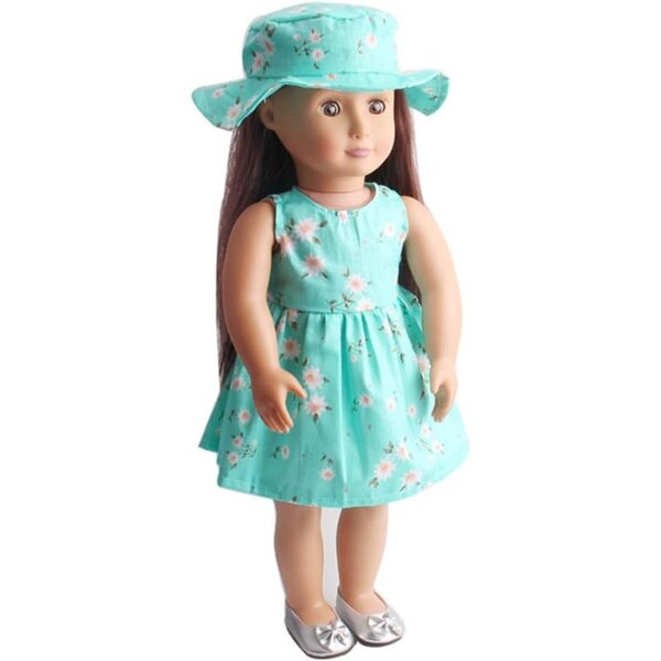 Abito Verde Floreale per Bambola Americana 46 cm con Cappello - Set Costume Casual