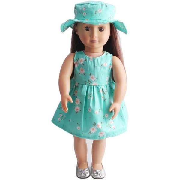 Abito Verde Floreale per Bambola Americana 46 cm con Cappello - Set Costume Casual