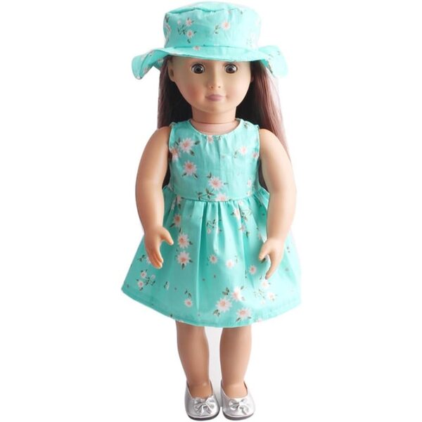 Abito Verde Floreale per Bambola Americana 46 cm con Cappello - Set Costume Casual