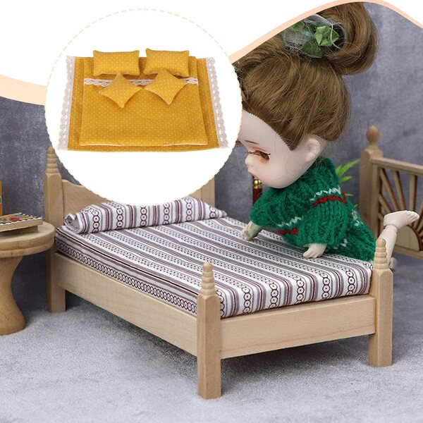 Colcolo Set Biancheria Letto Casa delle Bambole 1:12 6 Pezzi Giallo Morbido