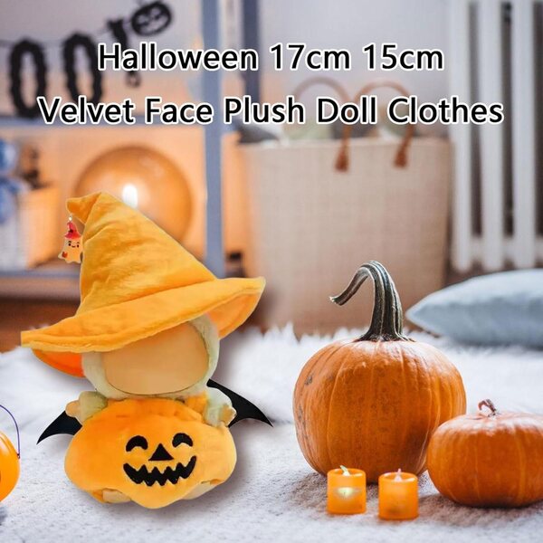 Halloween-Kleidungsset für 15–17 cm große Puppen mit Zaubererhut und Kürbisoberteil