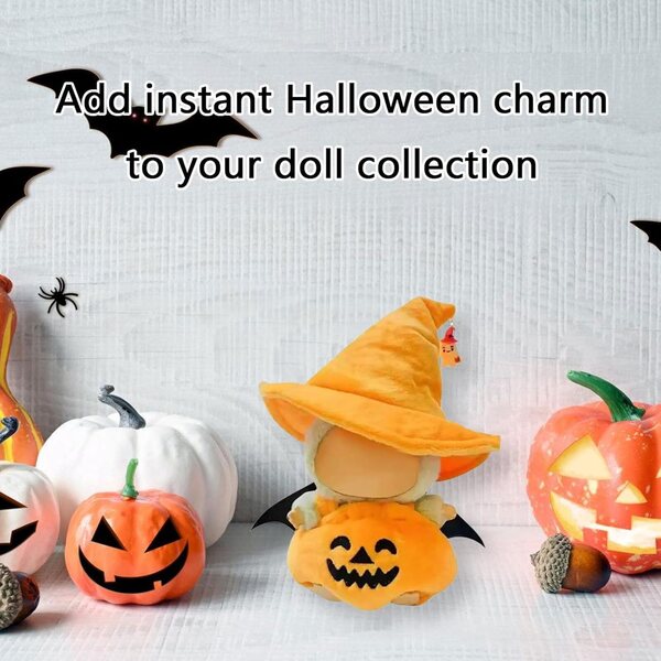 Halloween-Kleidungsset für 15–17 cm große Puppen mit Zaubererhut und Kürbisoberteil