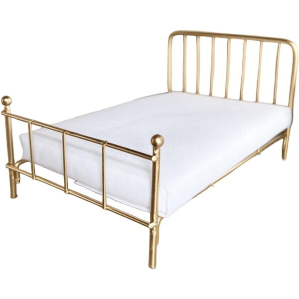1/12 Puppenhaus-Miniaturbett aus robustem Metall mit Golddekor