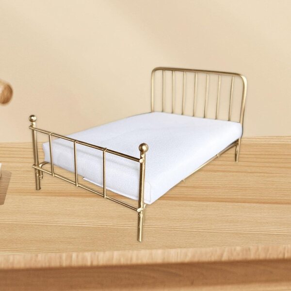1/12 Puppenhaus-Miniaturbett aus robustem Metall mit Golddekor