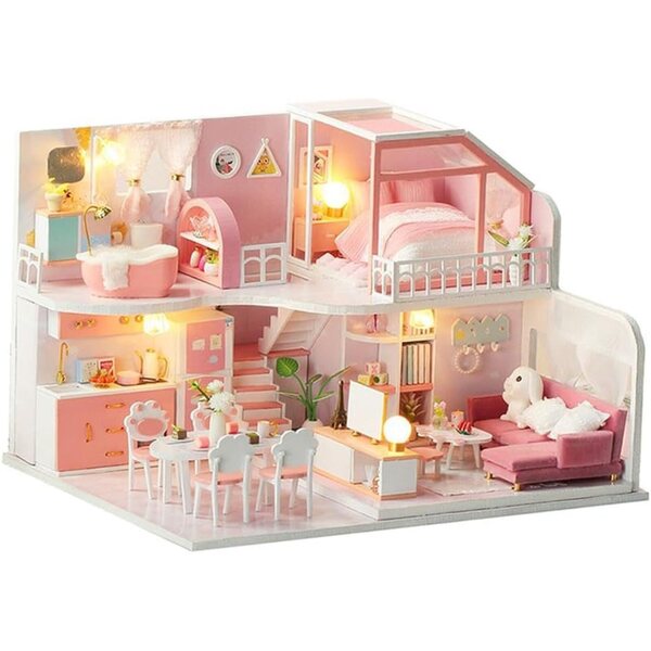 DIY-Puppenhaus-Bausatz aus Holz mit Möbeln und LED-Leuchten, Stil 3
