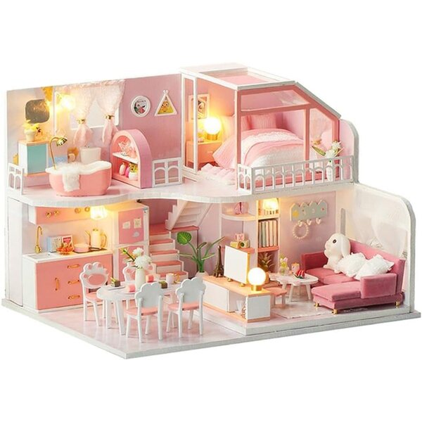DIY-Puppenhaus-Bausatz aus Holz mit Möbeln und LED-Leuchten, Stil 3