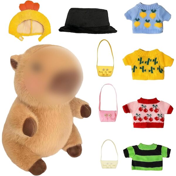 Kleidungsset für 10-Zoll-Capybara-Puppe mit Pullovern, Hüten und Modetaschen