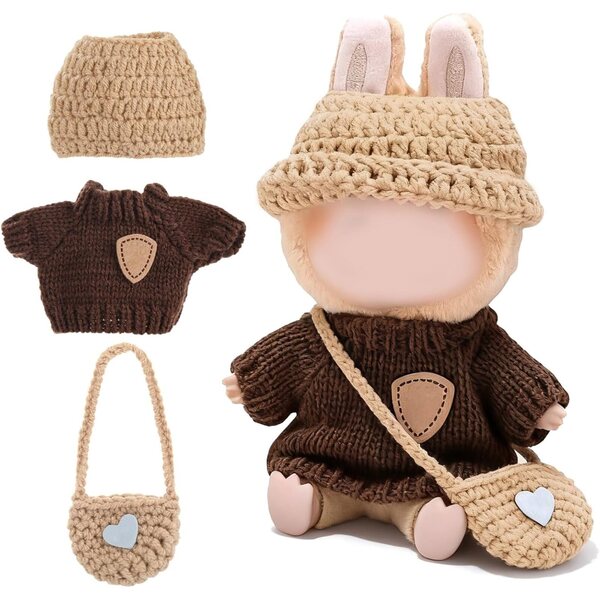 Kleidungsset für 17-cm-Puppen: Mütze, Pullover und weiche Plüschtasche