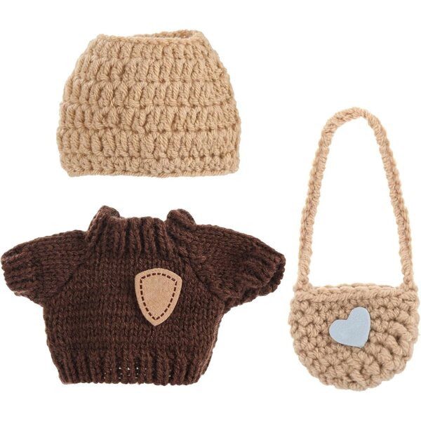 Kleidungsset für 17-cm-Puppen: Mütze, Pullover und weiche Plüschtasche