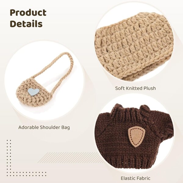 Kleidungsset für 17-cm-Puppen: Mütze, Pullover und weiche Plüschtasche