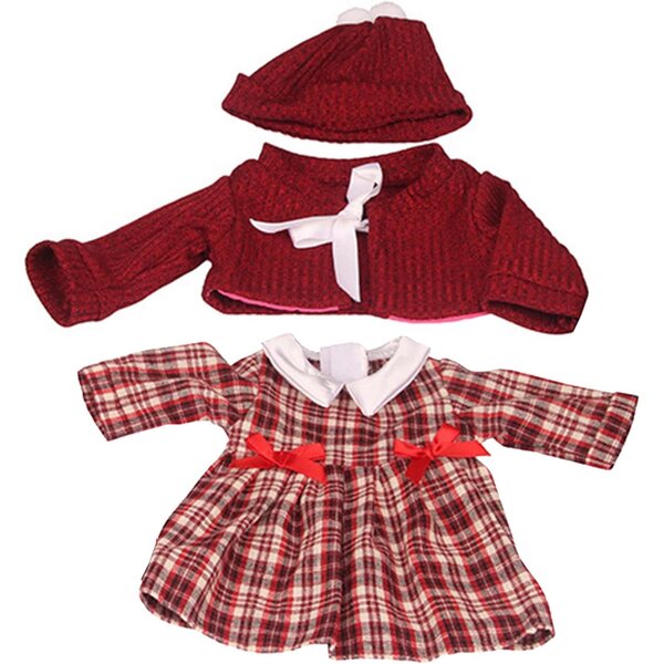 Winterkleidungsset für 18-Zoll-Puppen mit Strickjacke, Mütze und rot kariertem Kleid