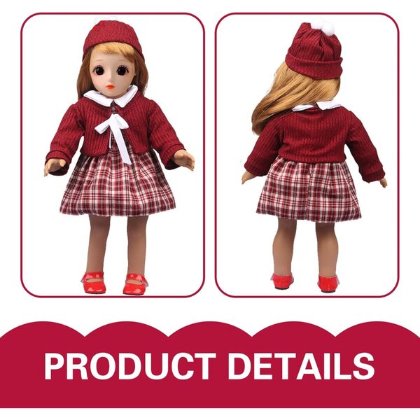 Winterkleidungsset für 18-Zoll-Puppen mit Strickjacke, Mütze und rot kariertem Kleid