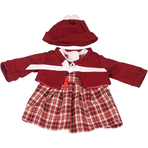 Winterkleidungsset für 18-Zoll-Puppen mit Strickjacke, Mütze und rot kariertem Kleid