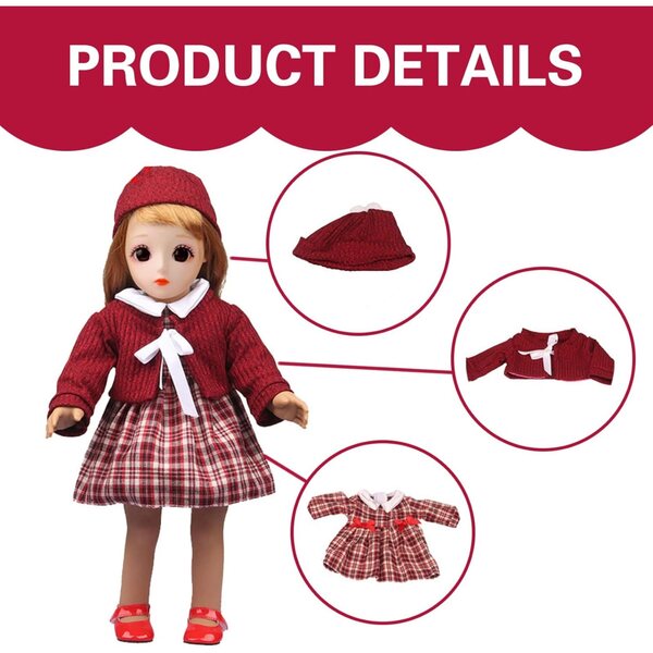 Winterkleidungsset für 18-Zoll-Puppen mit Strickjacke, Mütze und rot kariertem Kleid